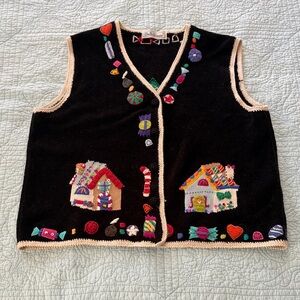 Vintage Christmas Velour Vest with Embroidered Christmas Tree Gingerbread Houses